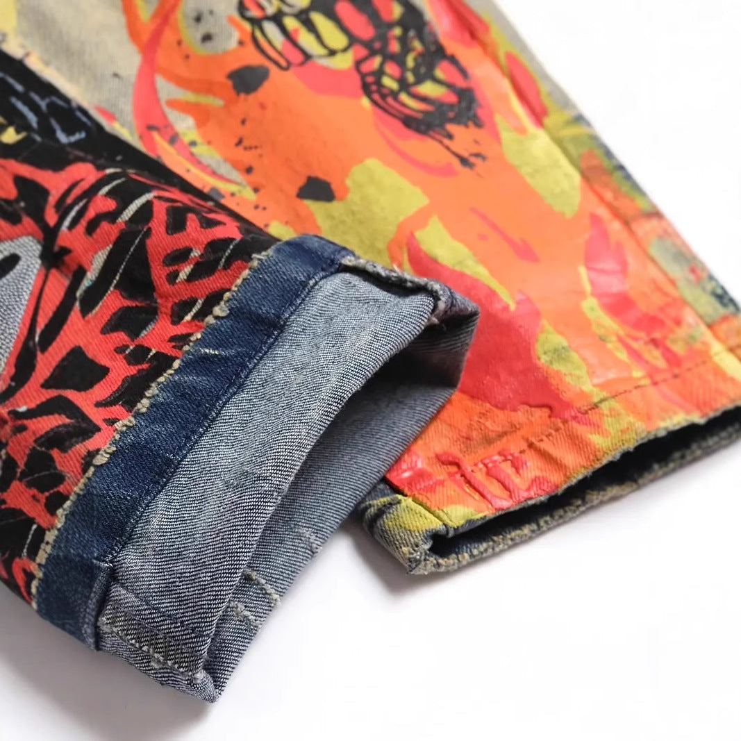 Slim-fit Stretch Ripped Embroidered Vintage Patch Jeans