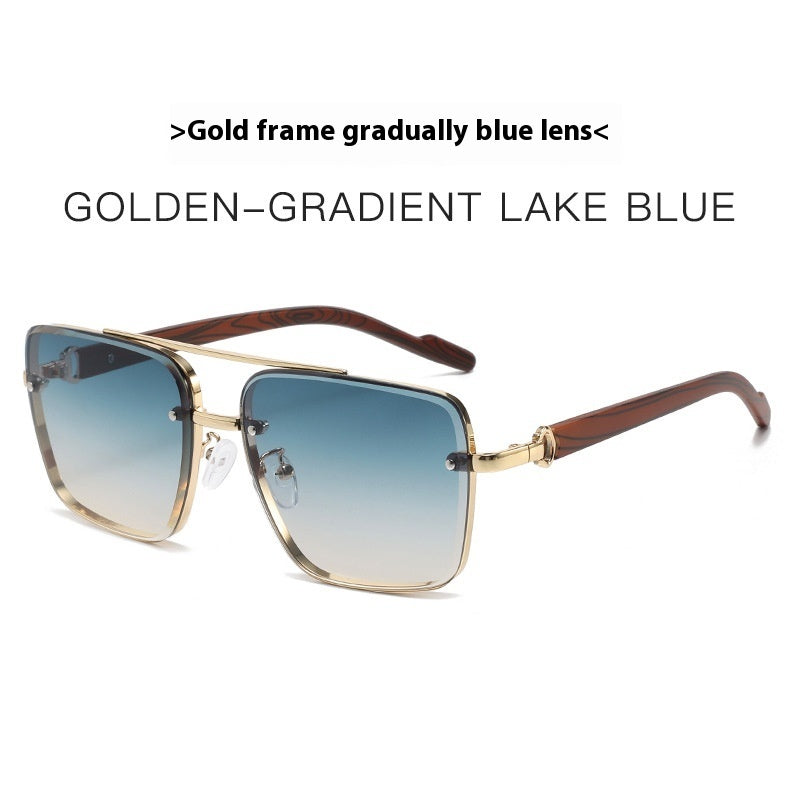 Metal Double Beam Frame Wood Grain Leg Sunglasses