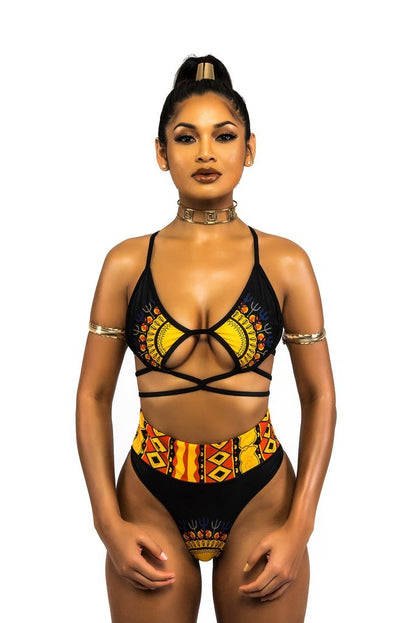 African Print Two-Pieces Bath Suits Bikini Set Sexy Geometric Swimwear Swimsuit Golden High Waist Swimming Suit