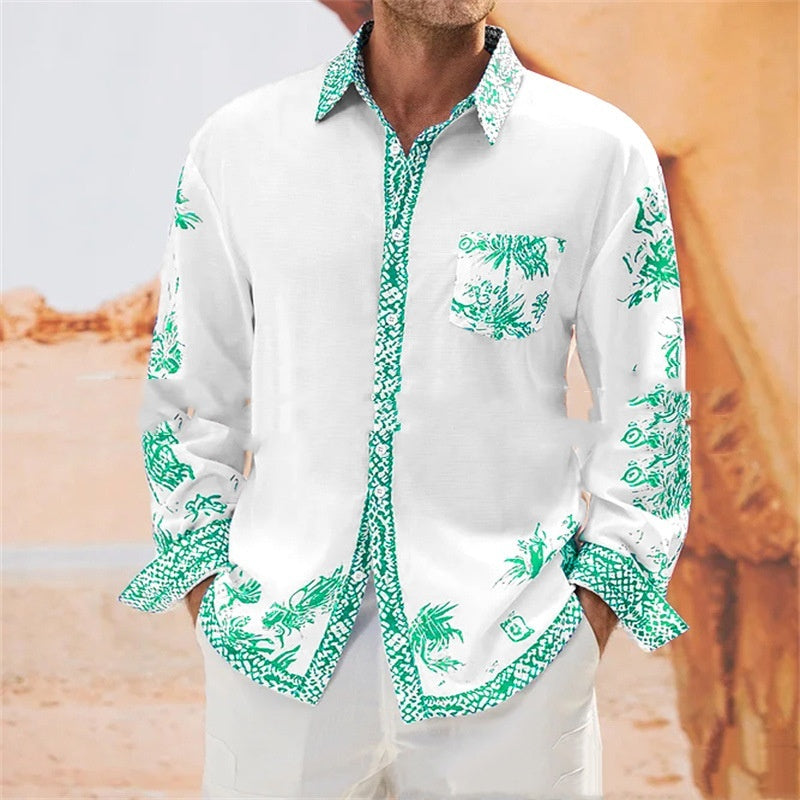 Fall Men's Clothing Shirt Long Sleeve Printed Contrast Color