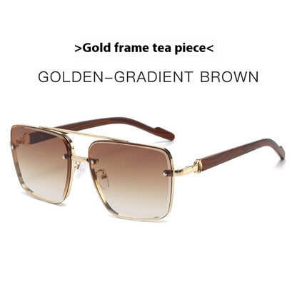Metal Double Beam Frame Wood Grain Leg Sunglasses