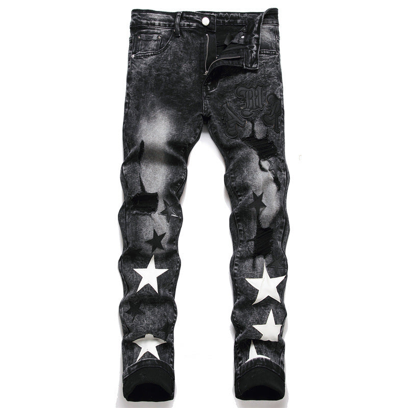 Punk Men's Jeans Hole Embroidery Five-pointed Star