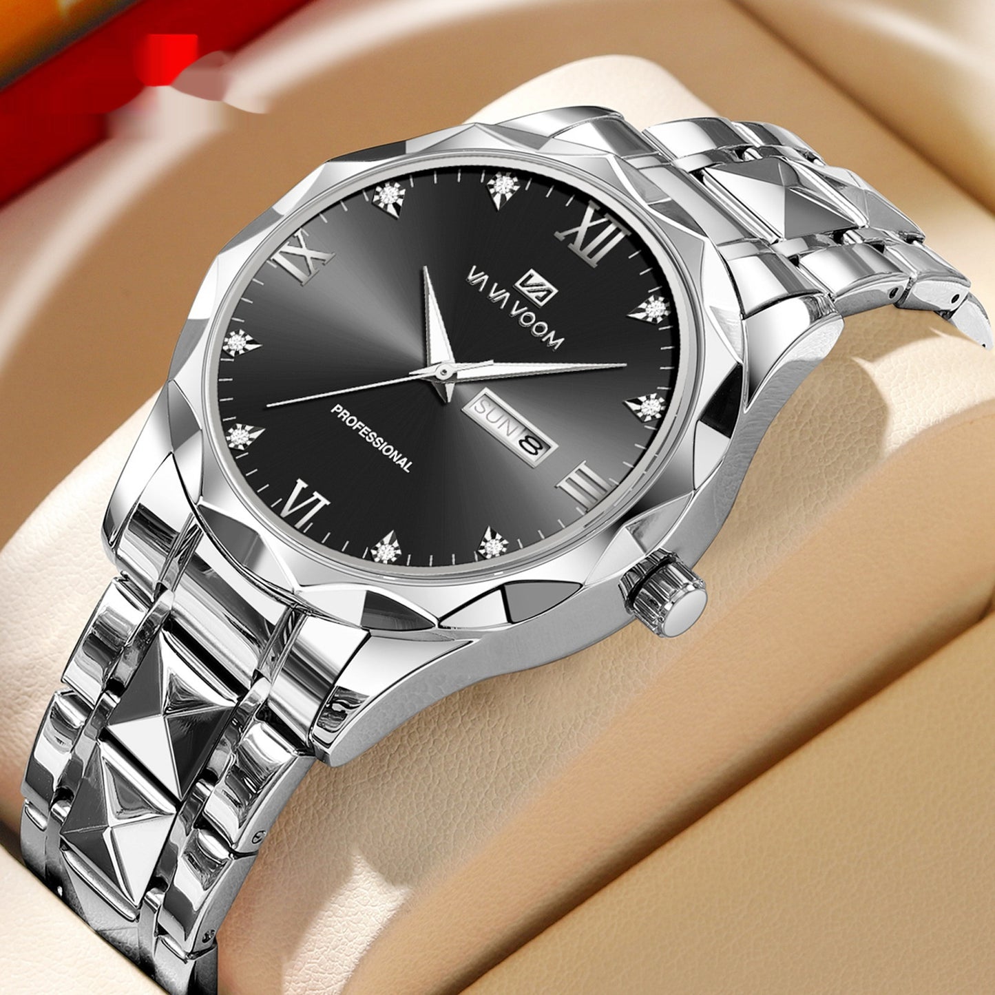 Double Calendar Tungsten Steel Waterproof Quartz Watch