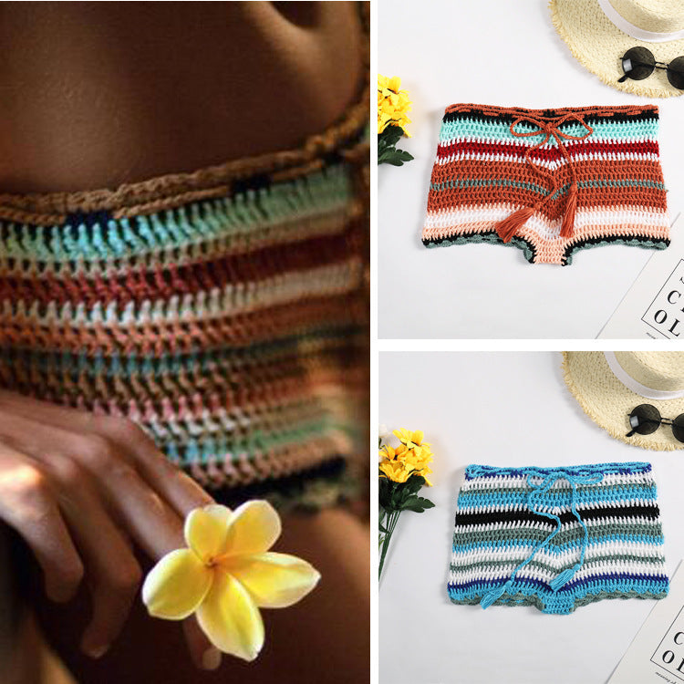 Colorful Striped Hand Crocheting Knitted Beach Shorts