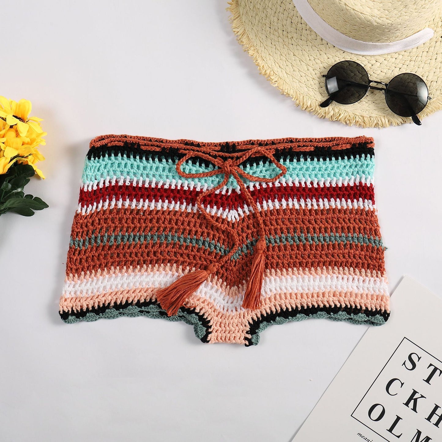 Colorful Striped Hand Crocheting Knitted Beach Shorts