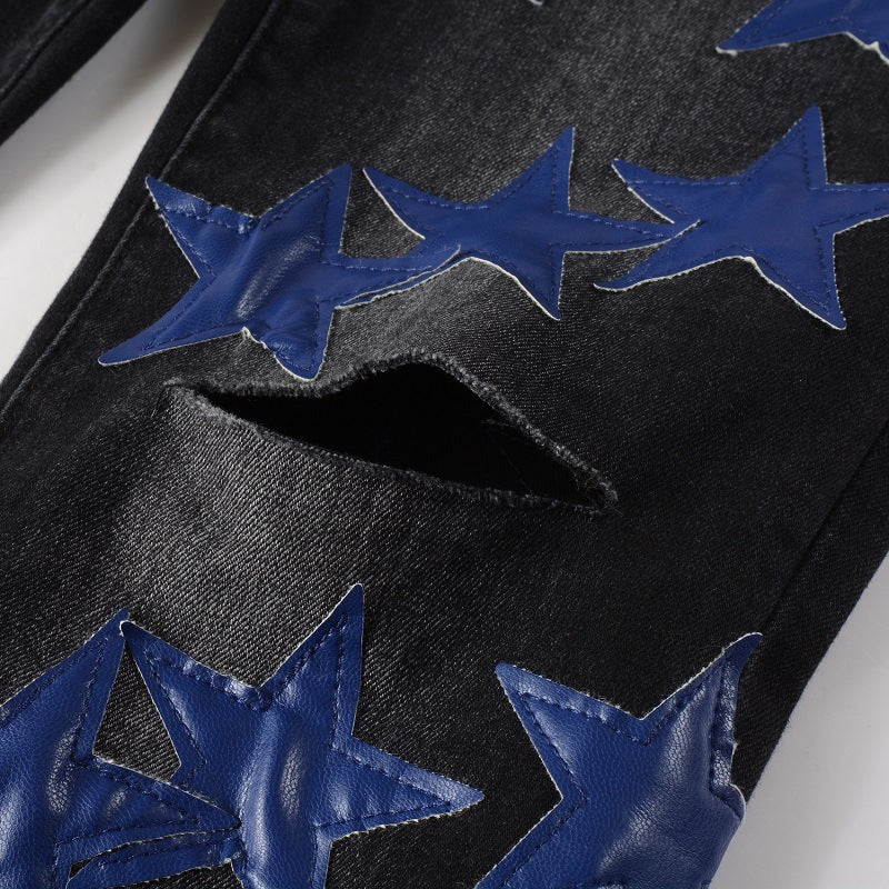 High Street Leather Dark Blue Star Trendy High Craft Stretch Slim Jeans