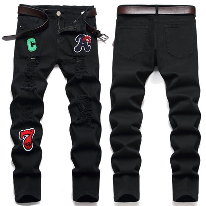 Men's Jeans Zhang Zai Pattern Micro-elastic Black Pants High Quality Fabric Slim-fitting Small Straight