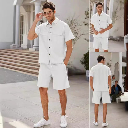 Summer Suits Men Short Sleeve Lapel Pockets Shirt And Drawstring Shorts Sports Fashion Leisure Men's Clothing