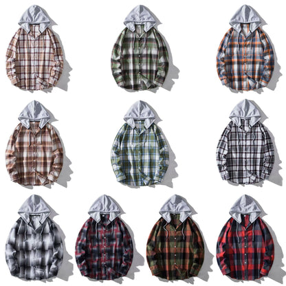 European And American Men's Plaid Hooded Shirt Casual Shirt