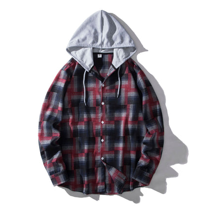 European And American Men's Plaid Hooded Shirt Casual Shirt