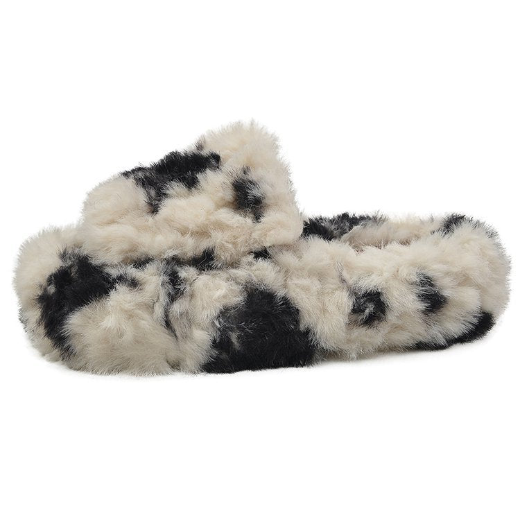 Spot Pattern Fluffy Slippers Comfortable Warm Soft Thick Bottom