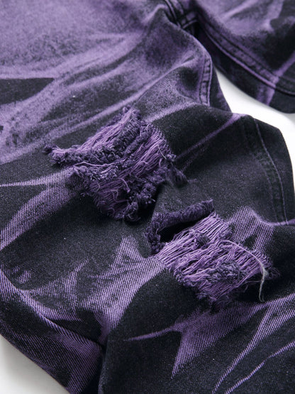 Purple And Black Fried Ripped Denim Trousers