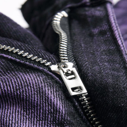 Purple And Black Fried Ripped Denim Trousers