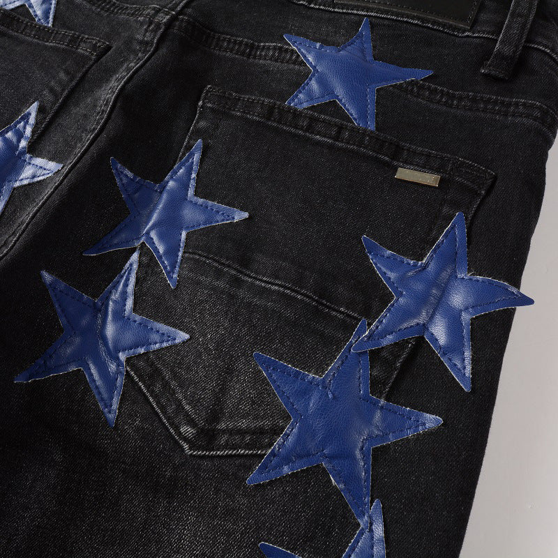 High Street Leather Dark Blue Star Trendy High Craft Stretch Slim Jeans