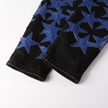 High Street Leather Dark Blue Star Trendy High Craft Stretch Slim Jeans